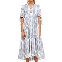 English Factory Women's Gingham Tiered Midi Dress with Bow-Tie Sleeves