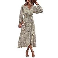 PRETTYGARDEN Women's Long Sleeve Vintage Flowy Dress Floral Print V-Neck Maxi Dresses with Belt