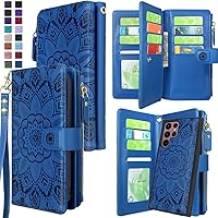 Detachable Magnetic Zipper Wallet Leather Case with Cash Coin Pocket 12 Card Slots Holder Wrist Strap Lanyard for Samsung Galaxy S22 Ultra 5G (2022) (Flower Deep Blue)