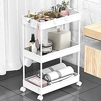 SPACELEAD 3-Tier Utility Storage Cart, Mobile Utility Cart with Lockable Caster Wheels, Rolling Carts Organizer for Bathroom Laundry Kitchen,Used as Book Art Snack lash Makeup Diaper cart, White