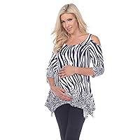 Women's Maternity Printed Cold Shoulder 3/4 Sleeve Tunic Top with Side Pockets