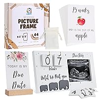 Baby Sonogram Picture Frame Set - Countdown Ultrasound Photo Frame with 44 Weekly Pregnancy Milestone Cards & Wood Stand - Gift for Pregnant Women, Baby Shower, Gender Reveal, Expecting