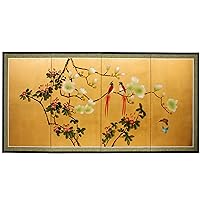 Red Lantern Love Birds on Traditional Gold Leaf Folding Silk Screen, 36