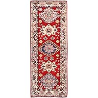 Geranium Red and Oyster White Kazak with Geometric Medallion Motifs Natural Dyes Dense Weave Wool Hand Knotted Oriental Rug (2'1