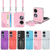 Phone Flip Wallet Case Wallet Case Compatible with Huawei P50 Pocket Case, P50 Pocket Case Wallet with Card Slots, Premium PU Leather Adjustable Cross-Body Shoulder Phone Flip Case (Color : Pink)