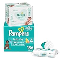 Diapers Size 4, 186 Count and Baby Wipes - Pampers Baby Dry Disposable Baby Diapers, ONE MONTH SUPPLY with Baby Wipes Sensitive 6X Pop-Top Packs, 336 Count (Packaging May Vary)