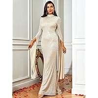 Dresses for Women 2023 Mock Neck Split Sleeve Sequin Floor Length Formal Dress (Color : Apricot, Size : X-Small)