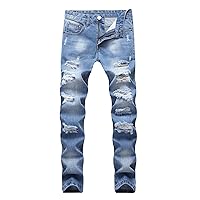 Enrica Men's Ripped Distressed Destroyed Straight Fit Washed Denim Jeans