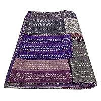 Indian Handmade Patchwork Silk Kantha Quilts Queen Handmade Patchwork Bedding Silk Comforter Bedspread Ethnic Purple Silk Blanket