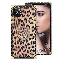 Omorro Compatible with iPhone 11 Pro Max Square Edge Ring Case, Retro Leopard Design Glitter Diamond Kickstand Metal Corner Back Reinforced Shockproof Protective with Ring Cover Case