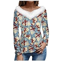 Womens T Shirts Fleece V Neck Plus Size Tops Christmas Graphic Tees Long Sleeve Casual Shirt Warm Cozy Clothes