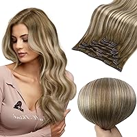 Full Shine Balayage Clip in Hair Extensions Real Human Hair Chestnut Brown to Platinum Blonde Mix Brown Hair Extensions Real Human Hair Clip ins Straight Remy Hair Full Head Set 7pcs 120g 16 inch