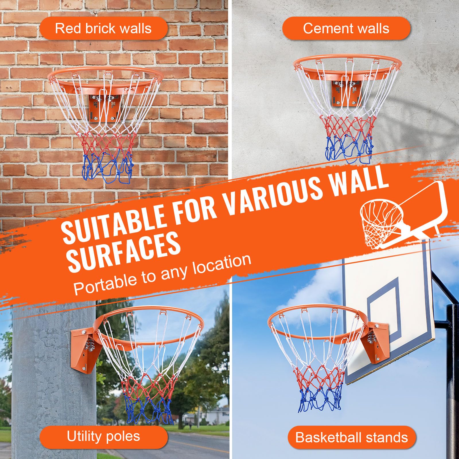 VEVOR Basketball Rim, Wall Door Mounted Basketball Hoop, Heavy Duty Q235 Basketball Flex Rim Goal Replacement with Net, Standard 18