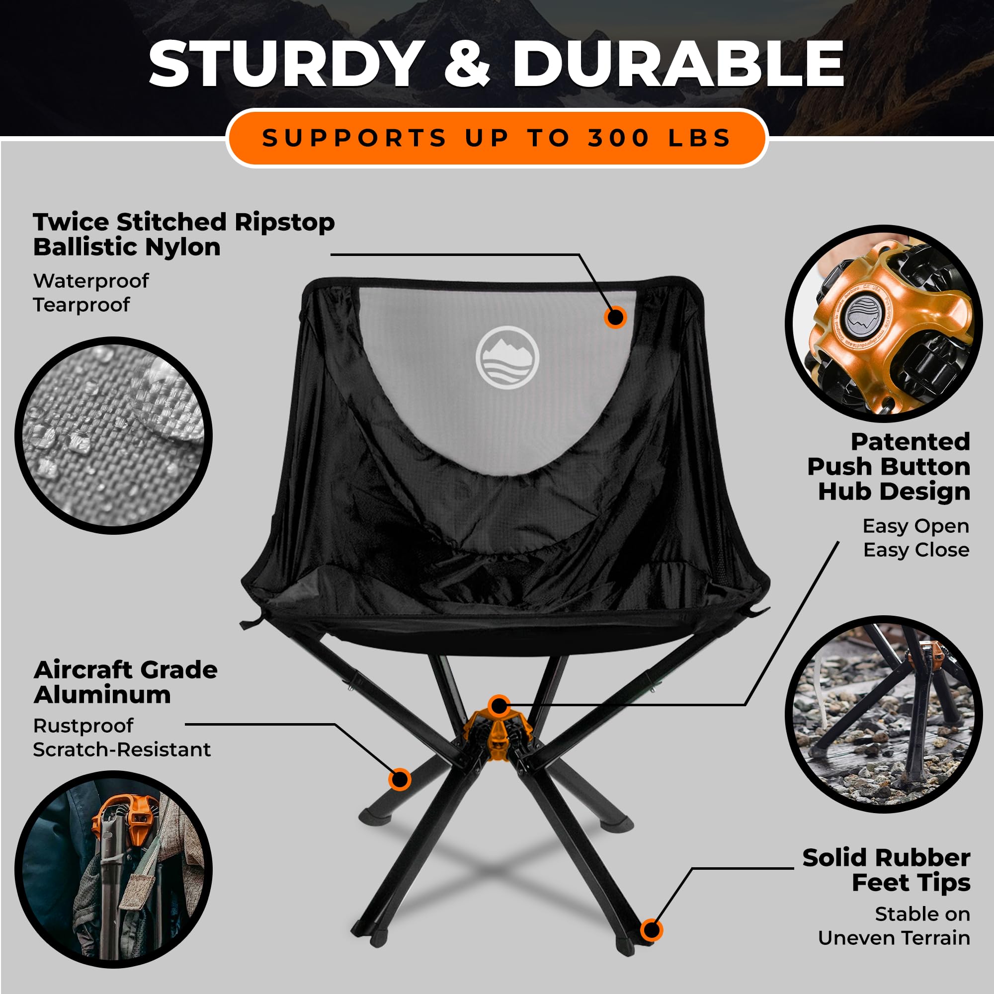 CLIQ Portable Chair Camping Chairs - A Small Collapsible Portable Chair That Goes Every Where Outdoors. Compact Folding Chair for Adults - Camping Chair Supports 300 Lbs