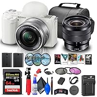 Sony ZV-E10 Mirrorless Camera with 16-50mm Lens (White) (ILCZV-E10L/W) + Sony E 10-18mm Lens + 64GB Card + Filter Kit + Corel Photo Software + Bag + NPF-W50 Battery + External Charger + More (Renewed)