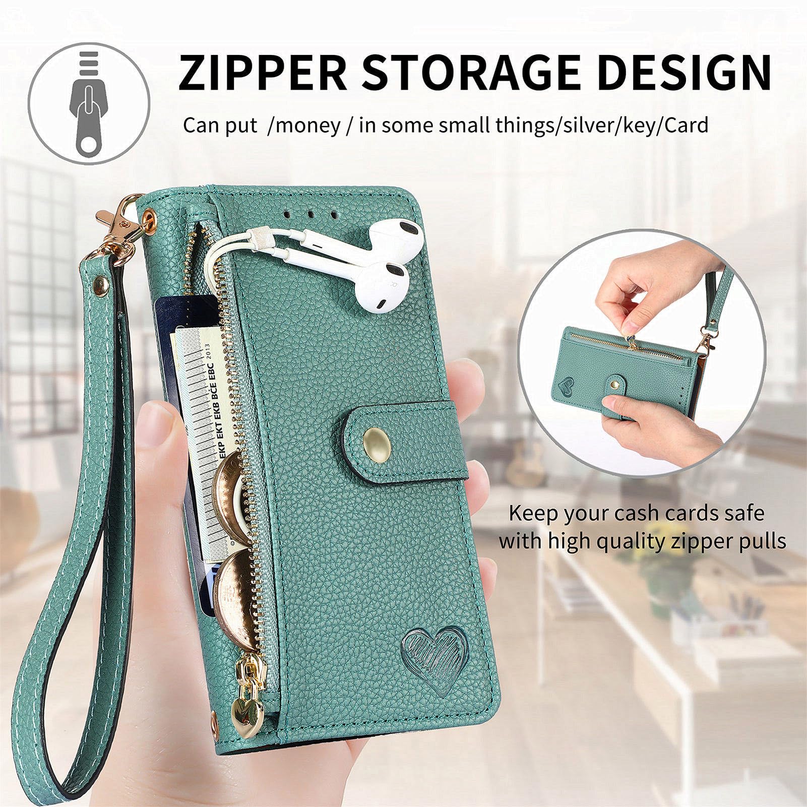 XYX Wallet Case for Samsung A25 5G, RFID Blocking Crossbody Chain Zipper Purse Wrist Strap Love Heart Leather Case with 7 Card Holder for Galaxy A25 5G, Green