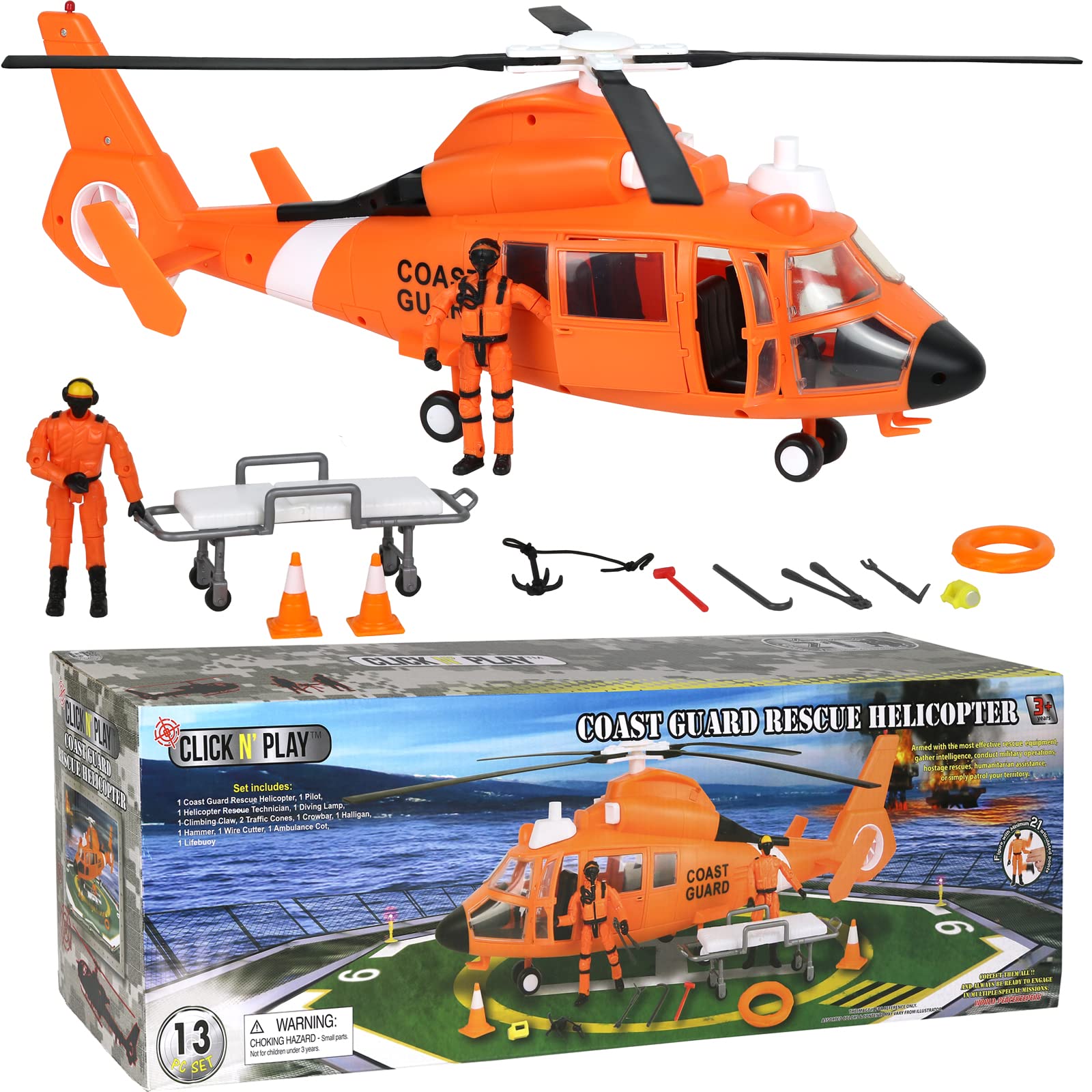 Click N' Play Toy Helicopter Set, Coast Guard Rescue Helicopter for Kids, 13-Piece Play Set Including Coast Guard Action Figures & Accessories , Orange