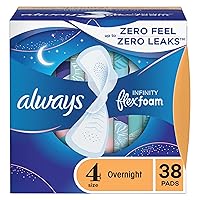 Always Infinity Feminine Pads for Women, Size 4 Overnight, with wings, unscented, 38 Count
