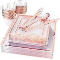 WELLIFE 150 Pcs Rose Gold Square Plastic Plates, Disposable Rose Gold Dinnerware Includes: 25 Dinner Plates, 25 Dessert Plates, 25 Cups, 25 Knives, 25 Forks, 25 Spoons for Mothers Day