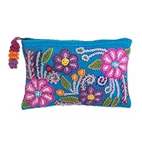 NOVICA Hand Embroidered Alpaca Clutch Floral in Turquoise from Peru 'Turquoise Garden'