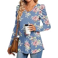 Anydeer Women Tunic Puff Long Sleeve Tops Casual T-Shirt Fall Pleated Pleat Patchwork Blouses