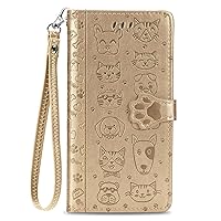 Wallet Case Compatible with Xiaomi Redmi 10A, Embossed Animal Footprint PU Leather Phone Case with Wrist Strap for Redmi 10A (Gold)