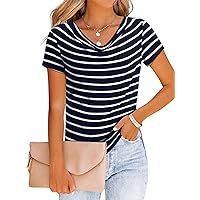 Dresswel Striped Shirt Women Cowl Neck Short Cap Sleeve Tops Cute Tshirt Dressy Casual Office Work Blouse Summer Outfits 2024