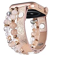 V-MORO Beaded Bracelet Compatible with Apple Watch Band 40mm/38mm/41mm Series Series 9 8 7 6 5 4 SE Women Dressy Elastic Leather Watch Strap iWatch Bands Series 3/2/1 Replacement(Khaki)