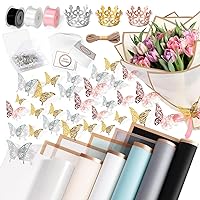 Ayfjovs 203PCS Flower Wrapping Paper Kit, 5 Color Floral Bouquets Wrapping Paper with Crown and Butterfly Toppers Ribbon Flower Pins for Mother's Day Wedding Birthday Ramo Buchon Supplies