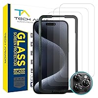 Tech Armor Screen Protector for iPhone 15 Pro 6.1 inch - Ballistic Tempered Glass, Case Friendly, Sensor Protection, HD, 9H Hardness, 3 Pack + Bonus Camera Lens Protectors