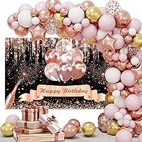 RUBFAC 140pcs Rose Gold Balloon Garland Arch Kit and Black Rose Gold Birthday Decorations Backdrop for Birthday Party Wedding Glitter Balloon Backdrop Photography Decorations