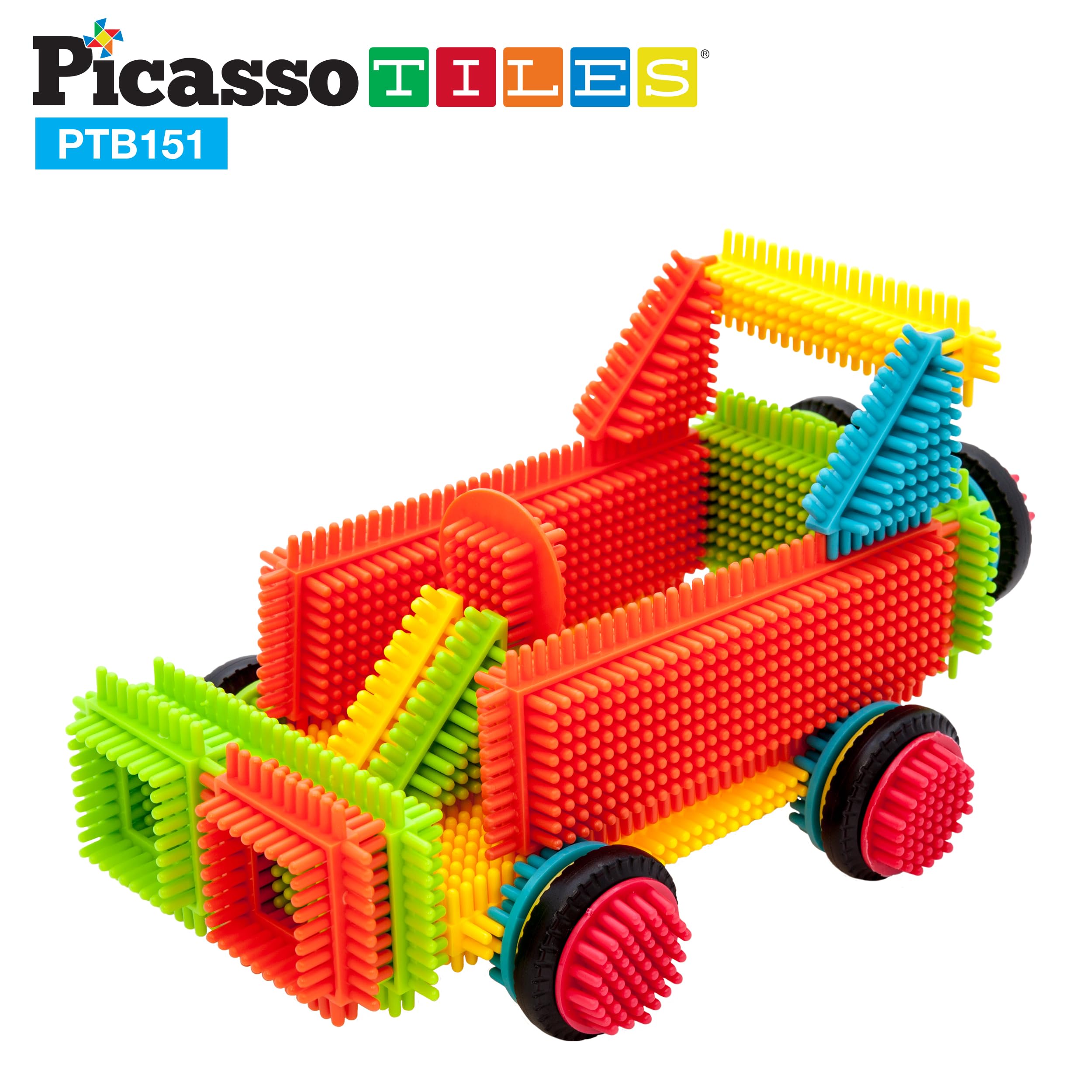 PicassoTiles 151PC + 120PC Bristle Shape 3D Building Blocks, Includes Truck Theme Set with Animal Figures: STEAM Learning & Educational Sensory Playset for Preschool and Kindergarten Kids Ages 3+