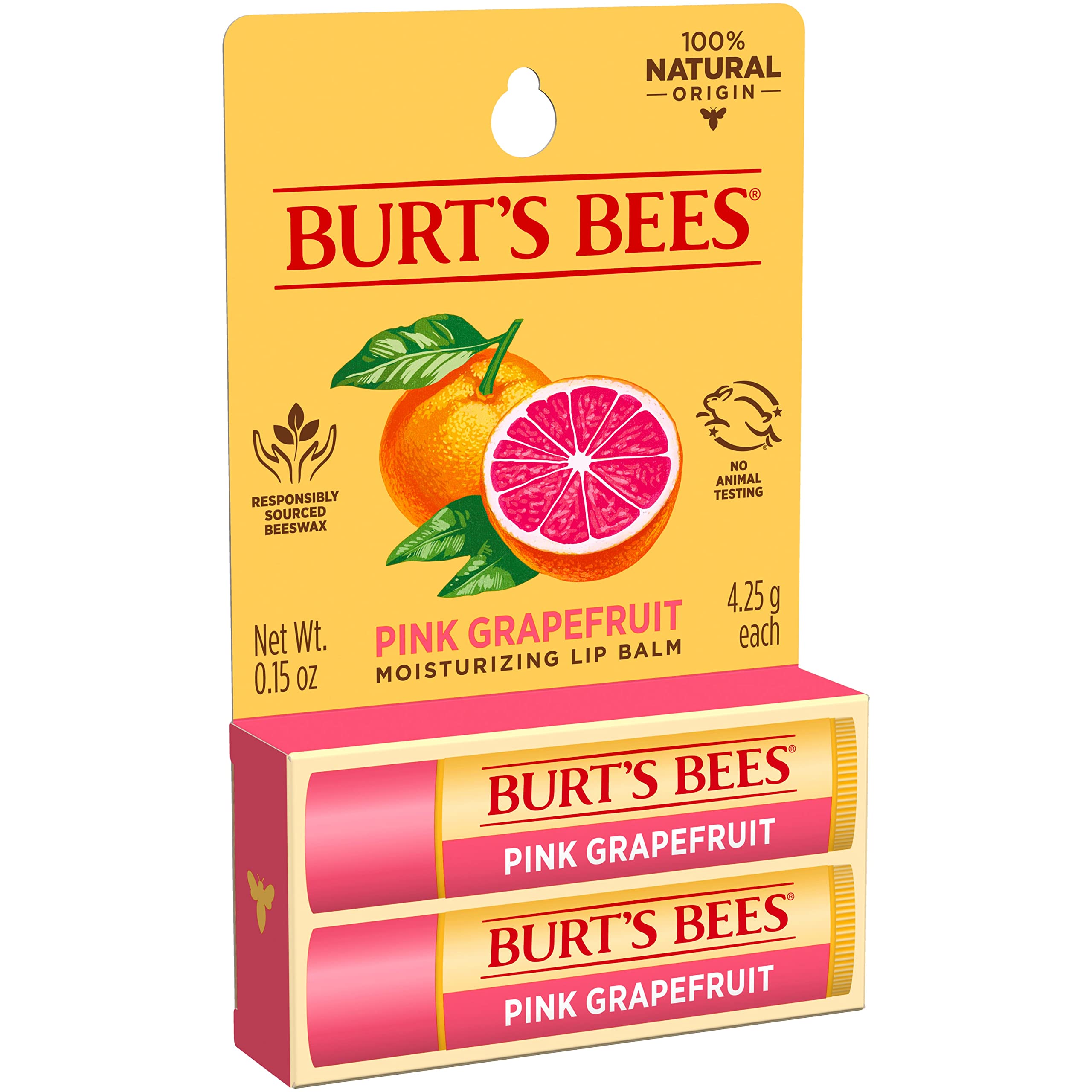 Burt's Bees Lip Balm, Moisturizing Lip Care, for All Day Hydration, 100% Natural, Pink Grapefruit with Beeswax & Fruit Extracts (2 Pack)