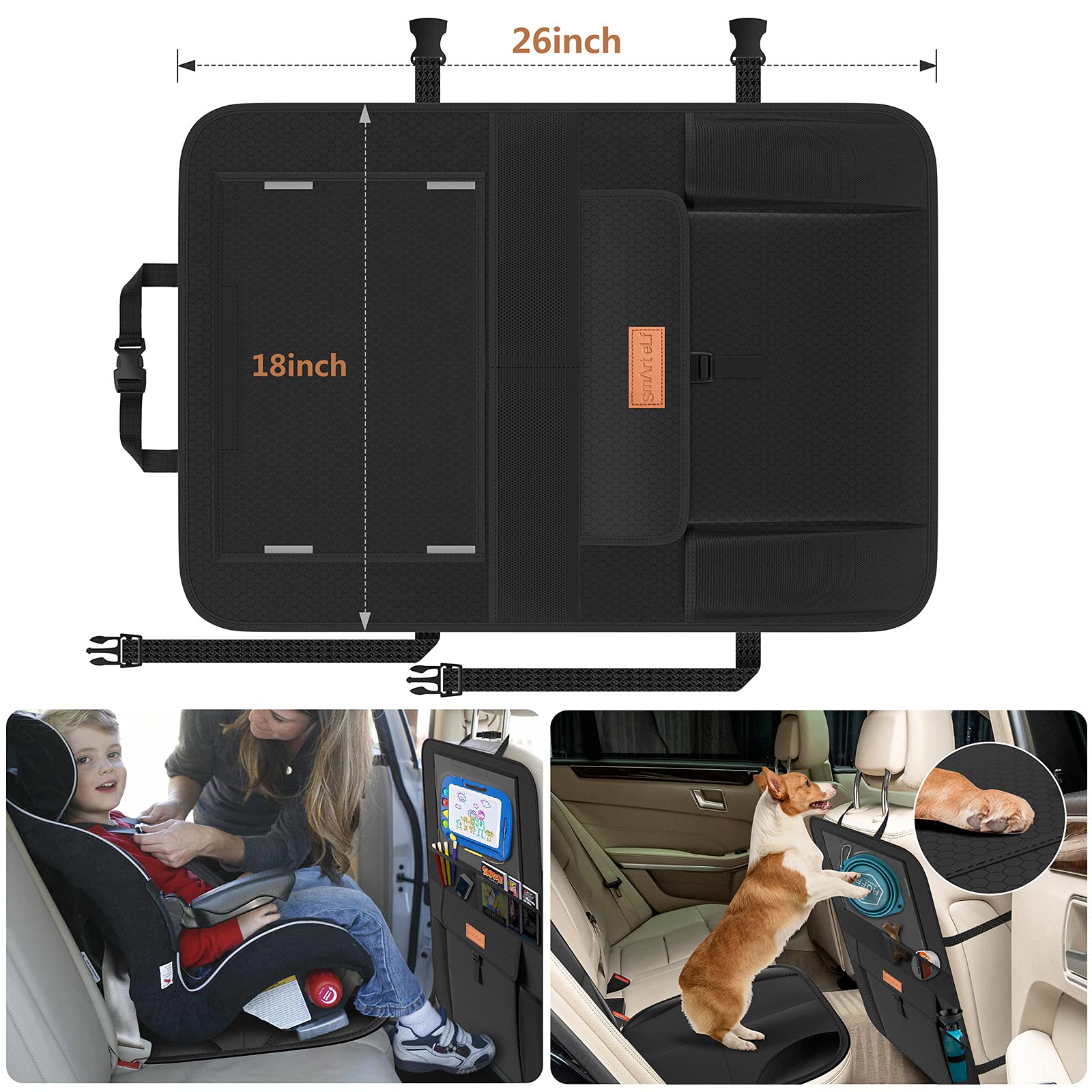 SMART ELF Backseat Car Organizer with iPad Holder + 6 Storage Pockets, Back Seat Protectors Kick Mats for Child Baby Kids, Premium Fabric with Sag Proof, Waterproof, Stain Resistant and Easy Clean