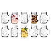 Set of 10 Ice Cold 16 Oz. Mason Drinking Glasses With Handles. Quality Refreshing Ice Cold Embossed Logo Jars for Beverages, Cocktails, Shakes, Smoothies, Sodas, Juice.