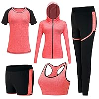 XPINYT 5pcs Workout Outfits for Women Athletic Sets Sport Suits Yoga Gym Fitness Exercise Clothes Jogging Tracksuits