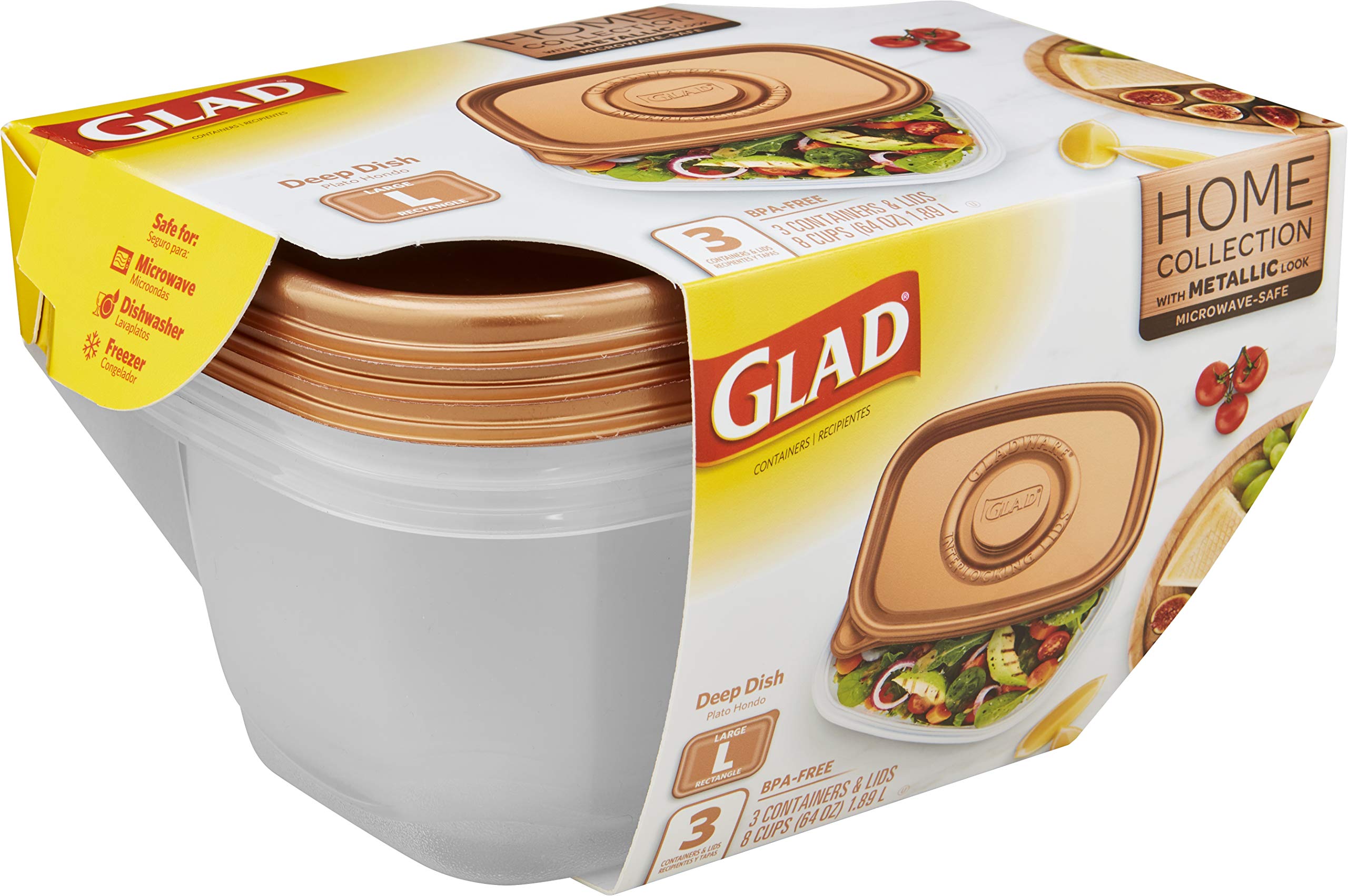 GladWare Home Deep Dish Food Storage Containers, Large Rectangle Holds 64 Ounces of Food, 3 Count Set | With Glad Lock Tight Seal, BPA Free Containers and Lids (4 Pack)