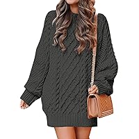 RanRui Women 2023 Fall Crewneck Long Sleeve Oversized Cable Knit Chunky Pullover Short Sweater Dresses