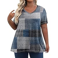 Women's Plus Size Tunic Tops Summer Pullover V Neck Short Sleeve T Shirts Striped/Plaid Color Loose Casual Shirts