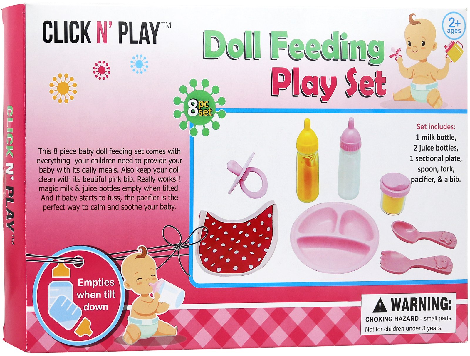 Click N' Play 8-pc Baby Doll Feeding Set w/Accessories | Baby Doll Accessories Set, Dolls Set/Stuff, Toy Bottles, Disappearing Milk, Food Set, Bottle Toys, Pretend Play Supplies | Toddler, Girls