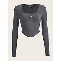 Women's T-Shirt Rhinestone Metal Decor Scoop Neck Asymmetrical Hem Crop Tee T-Shirt for Women (Color : Dark Grey, Size : Medium)