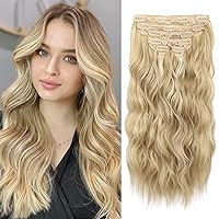 WECAN Clip in Hair Extension 20 Inch 6PCS Dark Golden Mix Beige Blonde Highlights Long Wavy Hairpieces for Women Natural Thick Synthetic Fiber Double Weft Hair Full Head