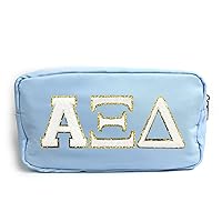 Alpha Xi Delta Nylon Makeup Travel Bag, Glitter Greek Letter Patch, Cosmetic Case - Blue - ΑΞΔ