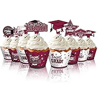 Lincia 96 Pieces 2024 Graduation Cupcake Toppers Wrappers Cake Decorations 2024 Congrats Grad Cake Topper and Wrapper Graduation Party Supplies Cupcake Liners(Maroon)