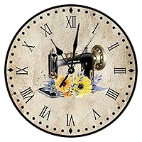 Flower Sewing Machine Clocks Craft Room Decor Wooden Clock Tailor Sewing Room Wall Clock Farmhouse 10inch Round Clock Battery Non Ticking Silent Wood Wall Clocks for Home Office School