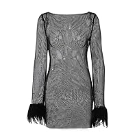 ZGMYC Women Sexy Sparkly Hollow Out Mesh Bodycon Dress Feather Long Sleeve Cocktail Club Mini Party Dress
