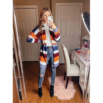 ECOWISH Womens Cardigan Color Block Striped Draped Kimono Cardigans Long Sleeve Open Front Casual Knit Sweaters Coat Outwear