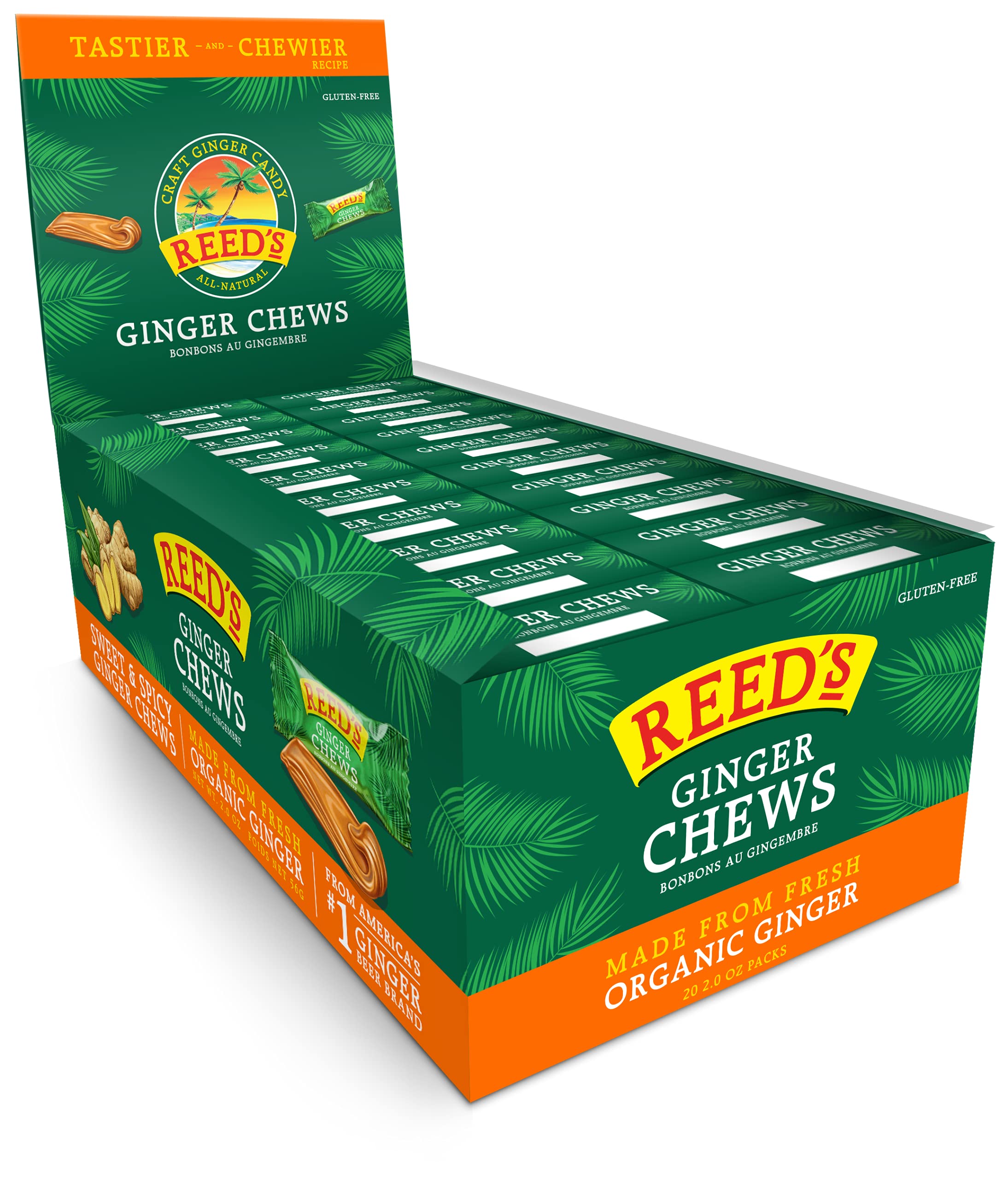 Reed's, Ginger Chews, Delicious All Natural Sweet and Spicy Chewy Ginger Candy (2 OZ, Pack of 20)