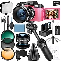 4K Digital Cameras for Photography, 48MP Vlogging Camera for YouTube with Microphone & Tripod Grip, Video Camera with Wide-Angle&Macro Lens, Content Creator Kit & Travel Camera（Pink）