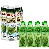 Iberia 100% Pure Organic Coconut Water, 1 Liter, 33.8 Fl Oz (Pack of 3) + Iberia Aloe Vera Juice Drink with Pure Aloe Pulp, Original, 16.9 Fl. Oz. (Pack of 8)
